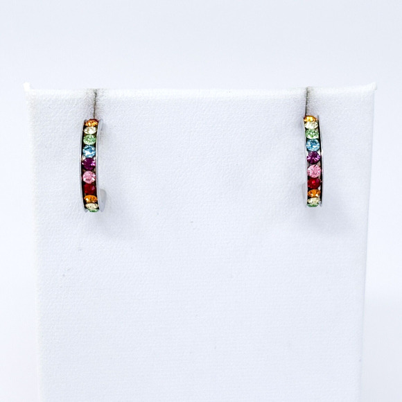 Vintage ATI Taiwan Sterling Silver 925 Rainbow CZ Hoop Earrings - Picture 2 of 8